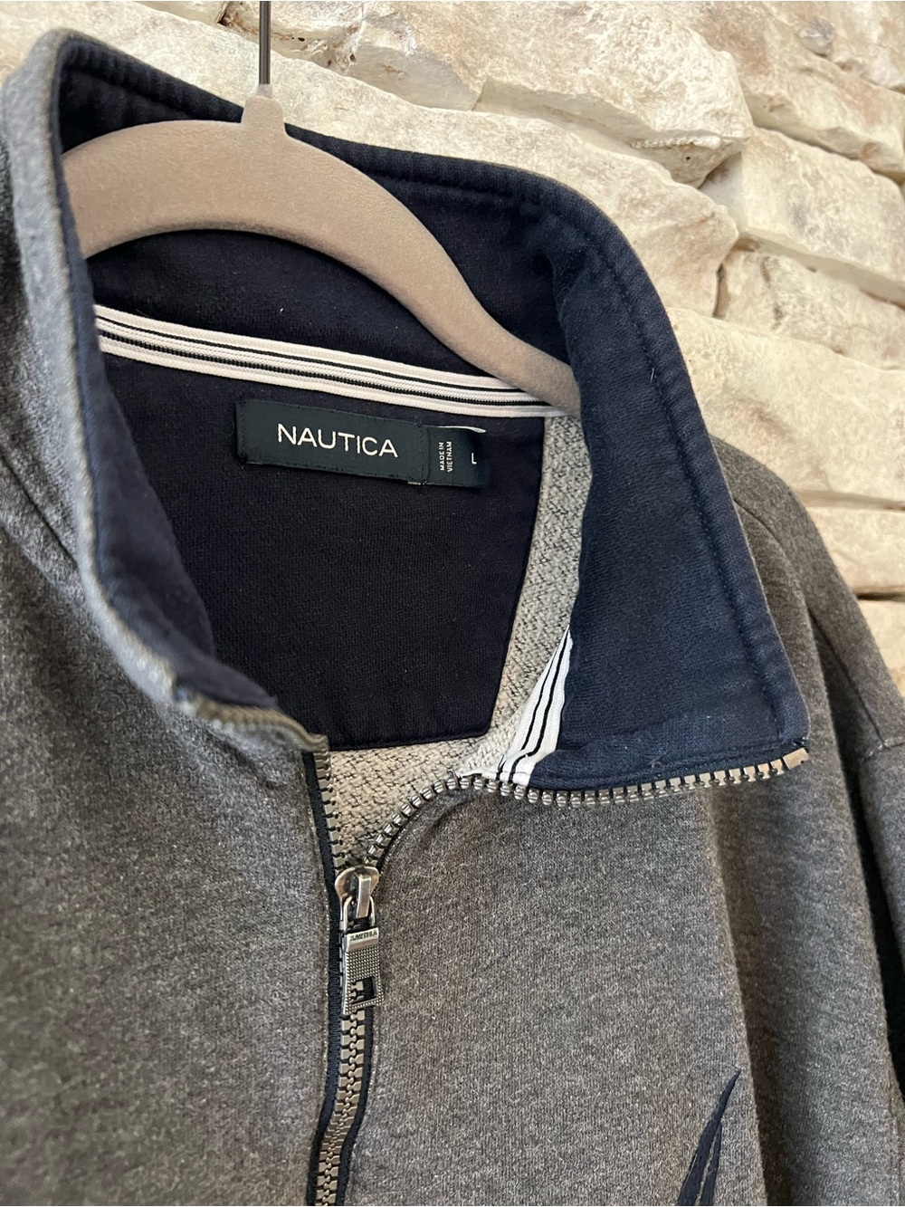 Nautica Men's Dark Charcoal Quarter-Zip Sweater with Navy Trim - Picture 2 of 6